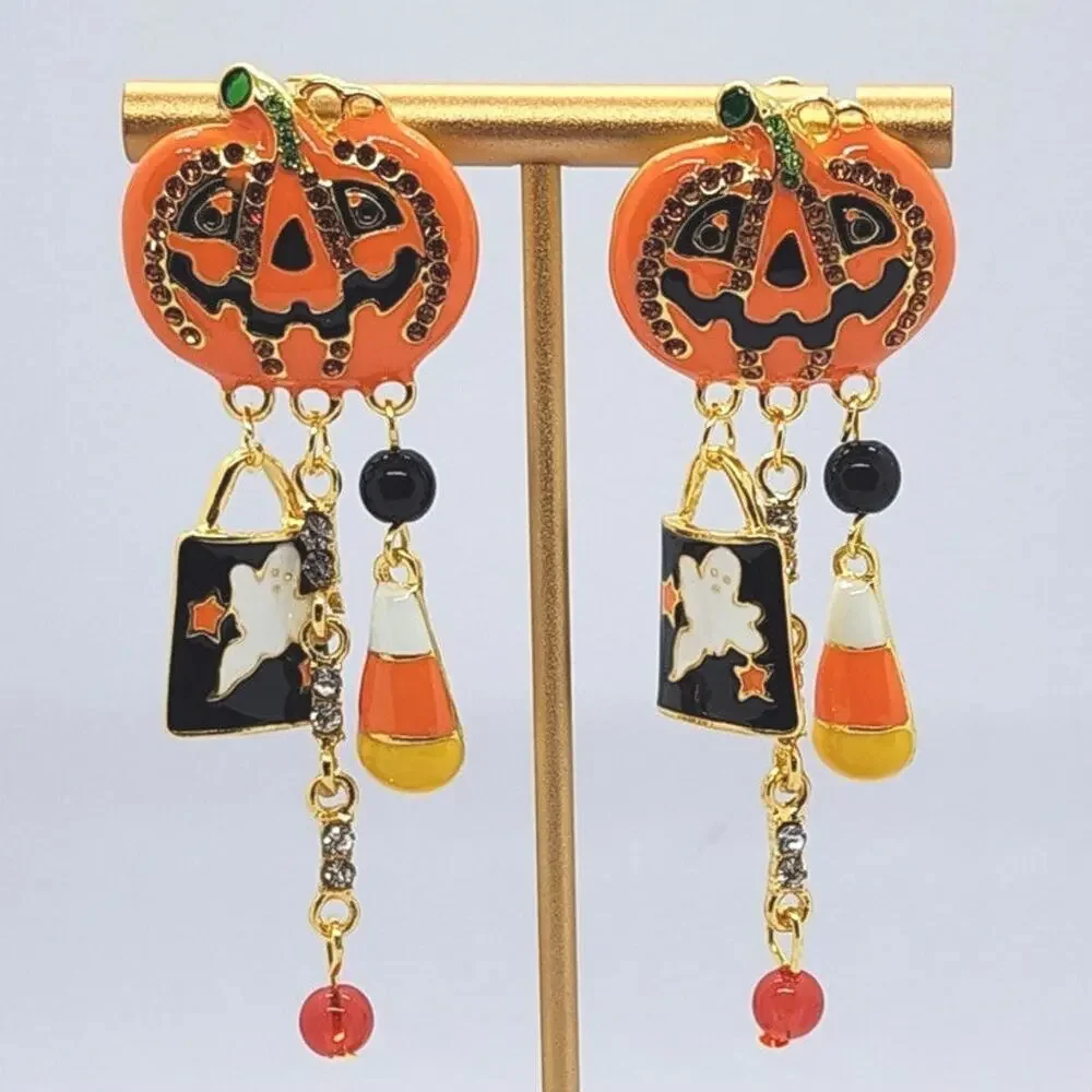 Halloween Jack 'o Lantern Tassel Earrings Colorful Enamel on God Tone Metal